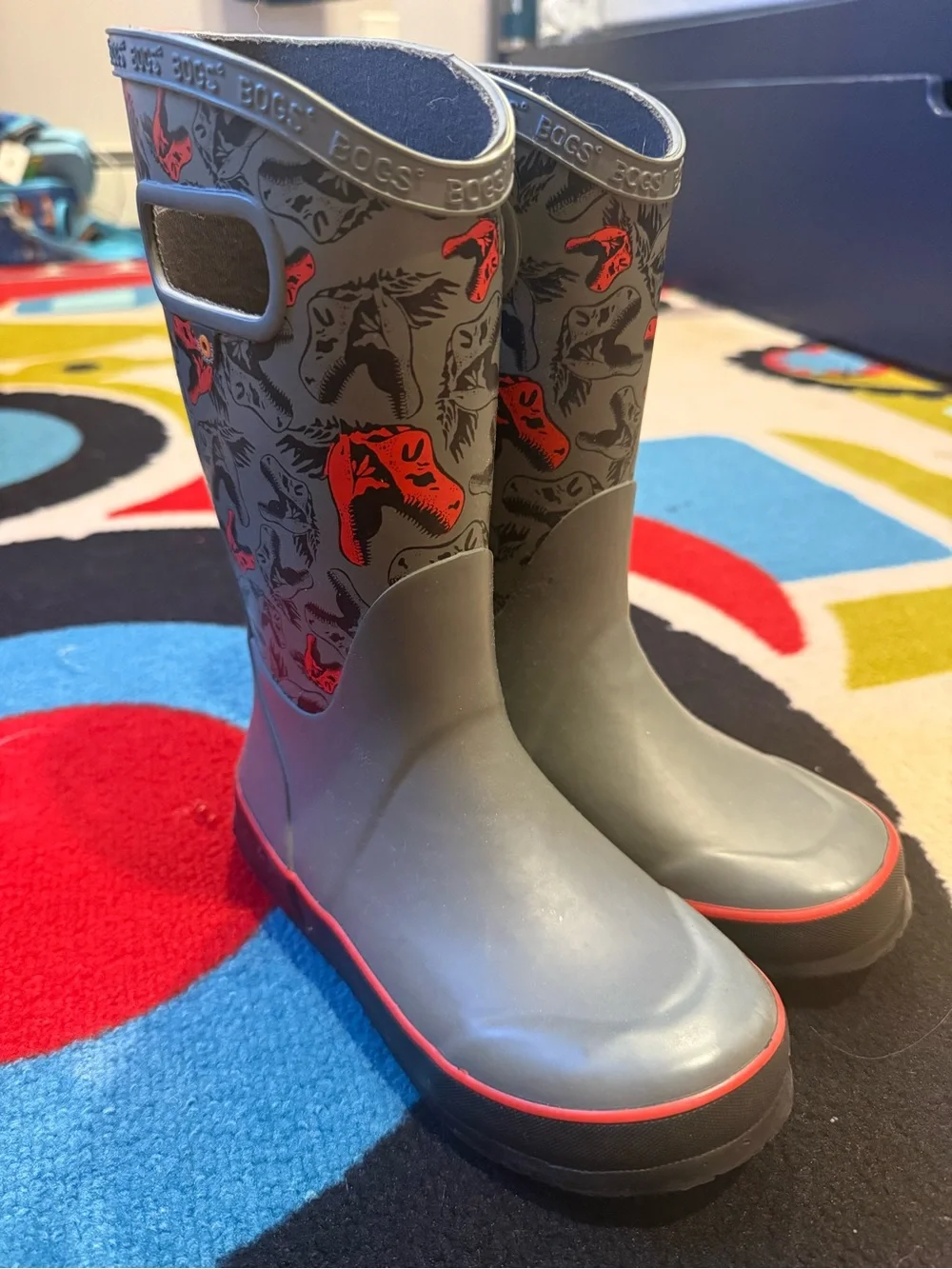 Bogs Kids Gray Rain Boots with Red Dino Accents